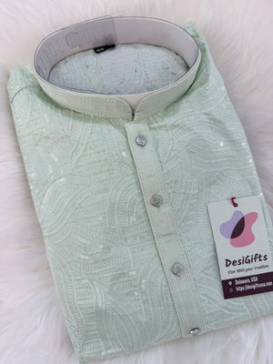 Light Green Jacquard Silk Kurta Pajama Set with Off-White Pant for Men – Self Design Ethnic Kurta, KPS-3027