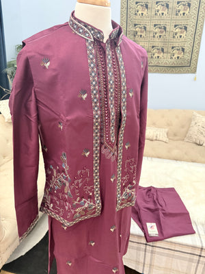 Men’s Wine Embroidered Kurta Pajama Set with Jacket, 3-Piece Indian Ethnic Outfit, Festive Wedding Wear, KPS - 3007