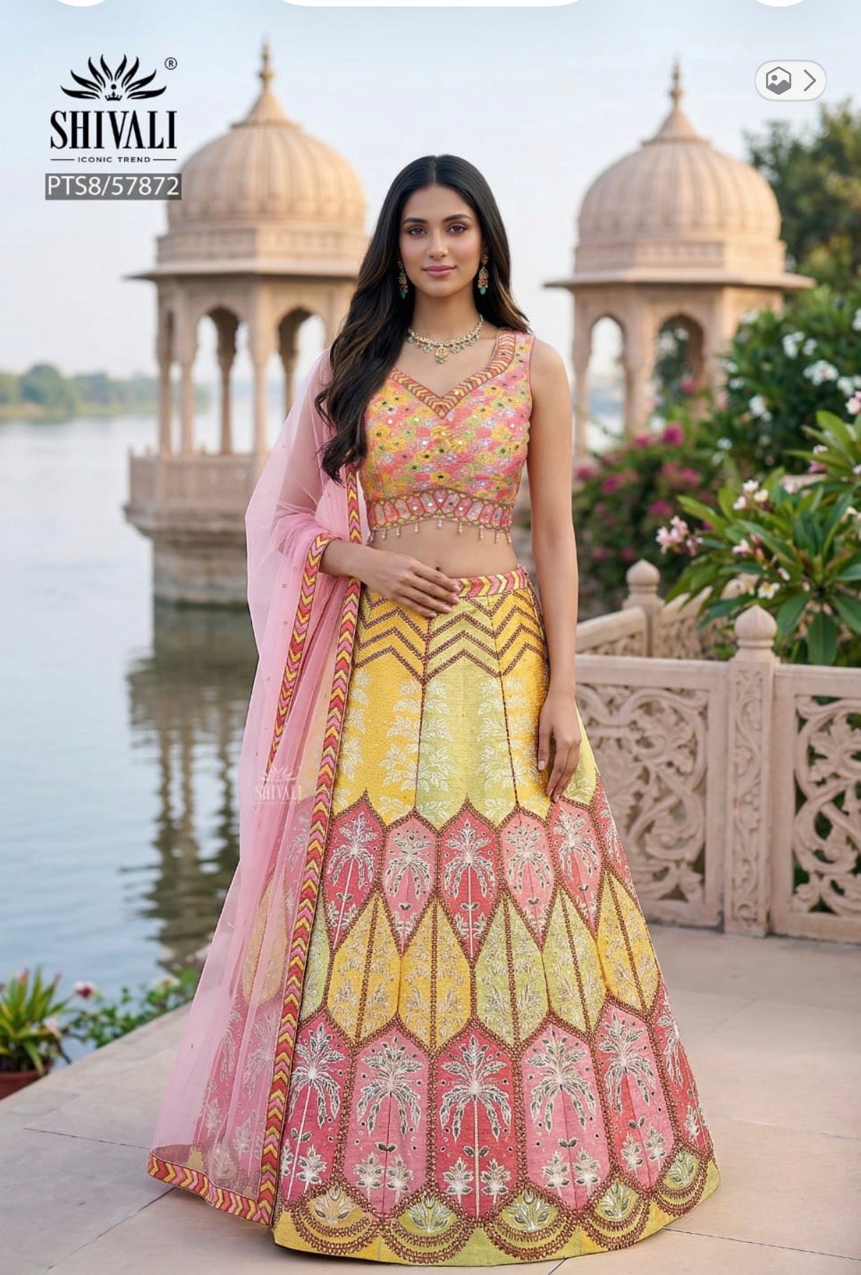 Women’s Yellow & Pink Lehenga Choli Set with Dupatta – Floral & Palm Motif Print with Mirror-Style Sequin Work, Festive Wedding Indian Outfit, LHG-4008
