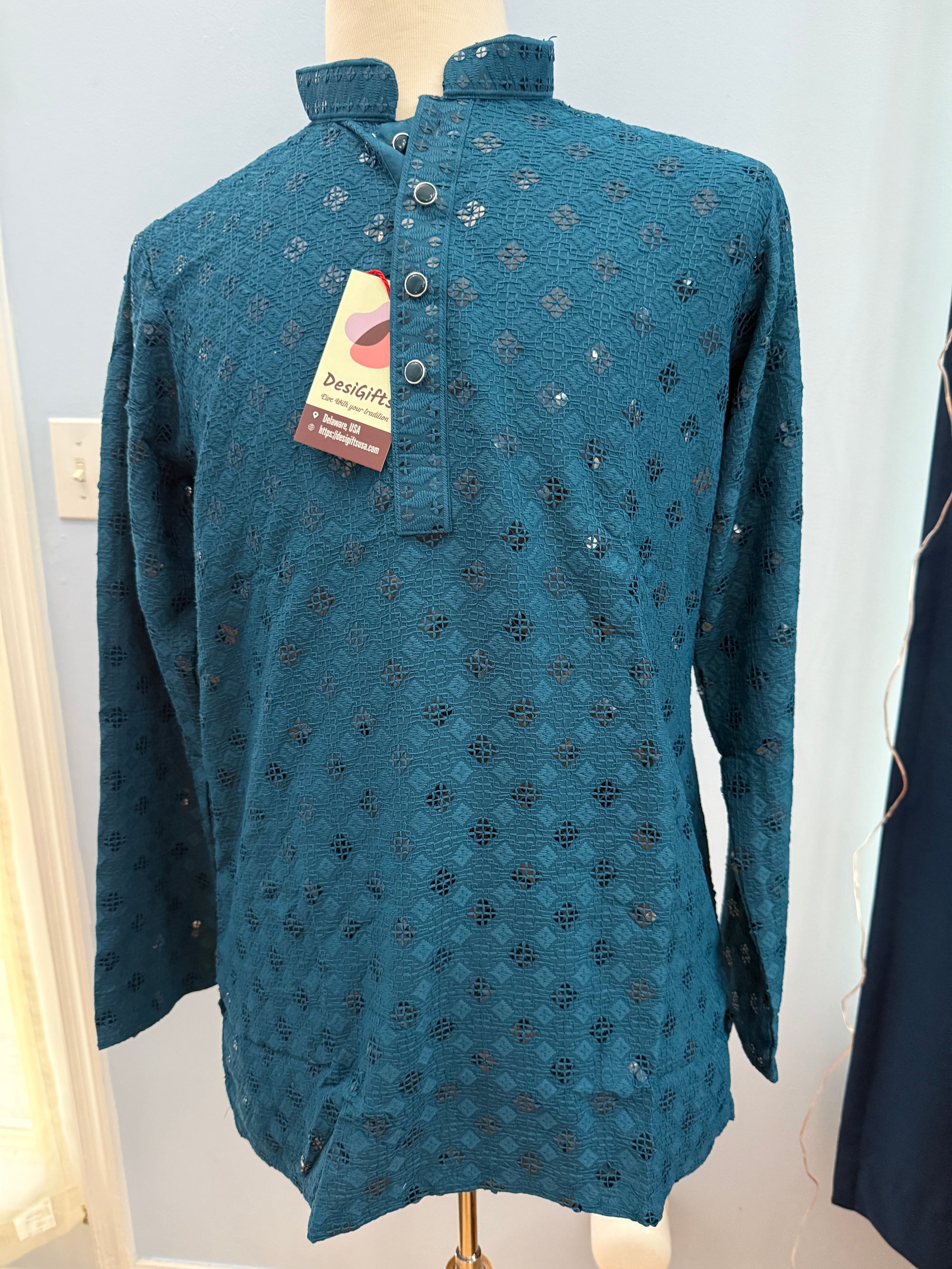 Teal Shade Chikankari Shirt-Style Short Kurta with Sequins – Ethnic Casual Kurta, SK - 1934