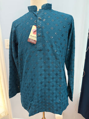 Teal Shade Chikankari Shirt-Style Short Kurta with Sequins – Ethnic Casual Kurta, SK - 1934