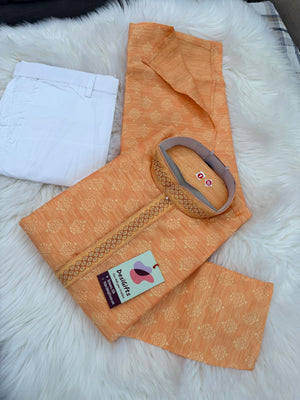 Men's Peach Orange Kurta Pajama Set | Jacquard silk Kurta Set with Trouser Pant | Traditional Indian Wedding, Diwali & Festive Wear, KP-4088