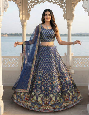Navy Blue Floral & Paisley Print Lehenga Choli Set with Dupatta – Mirror-Style Sequin Accents, Indian Wedding & Festive Wear, LHG-4013