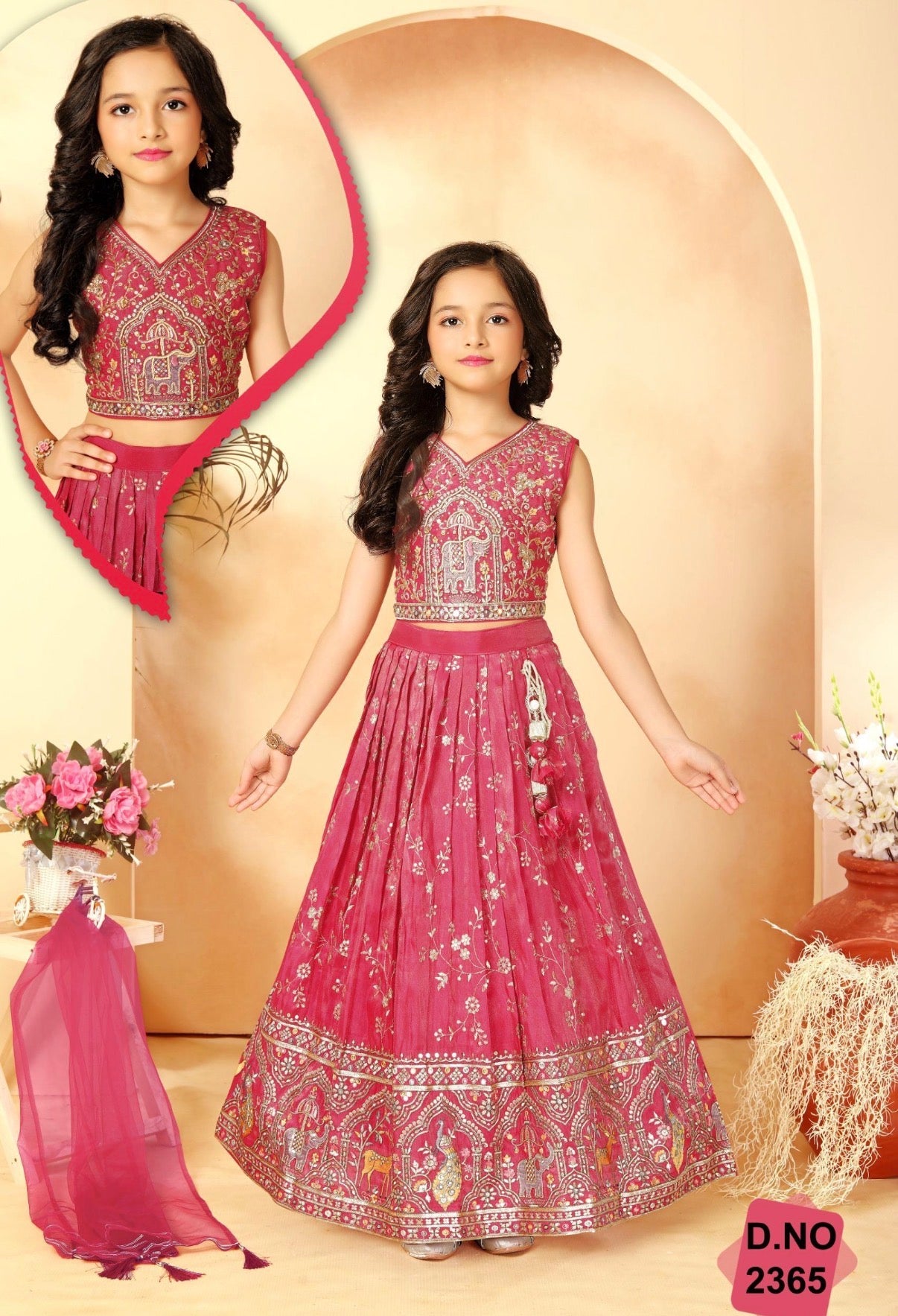 Girls Rani Pink Zari Embroidered Lehenga Choli Set with Dupatta, Traditional Indian Ethnic Wear for Kids, Wedding & Festival Outfit, GRL-2097