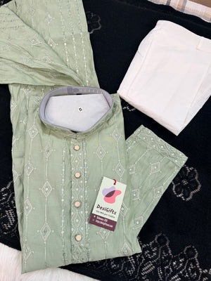 Men’s Pista Green Embroidered Kurta Pajama Set with Sequins Work, Indian Ethnic Wear for Wedding & Festival, KPS-3013