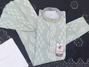 Men’s Sage Green Embroidered Kurta Pajama Set | White Thread & Sequin Work | Traditional Indian Wedding & Festive Wear, KPS-4028