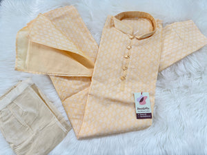 Men’s Light Butter Yellow Banarasi Silk Blend Kurta Pajama Set White Woven Buti, Kurta with Trouser Pants, Indian Festive Wedding Wear – KP- 3075