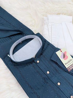 Men’s Teal Shade Sequins Embroidered Kurta Pajama Set – Indian Wedding & Partywear Traditional 2PC Outfit, Size 58 , 5XL, KP-2025