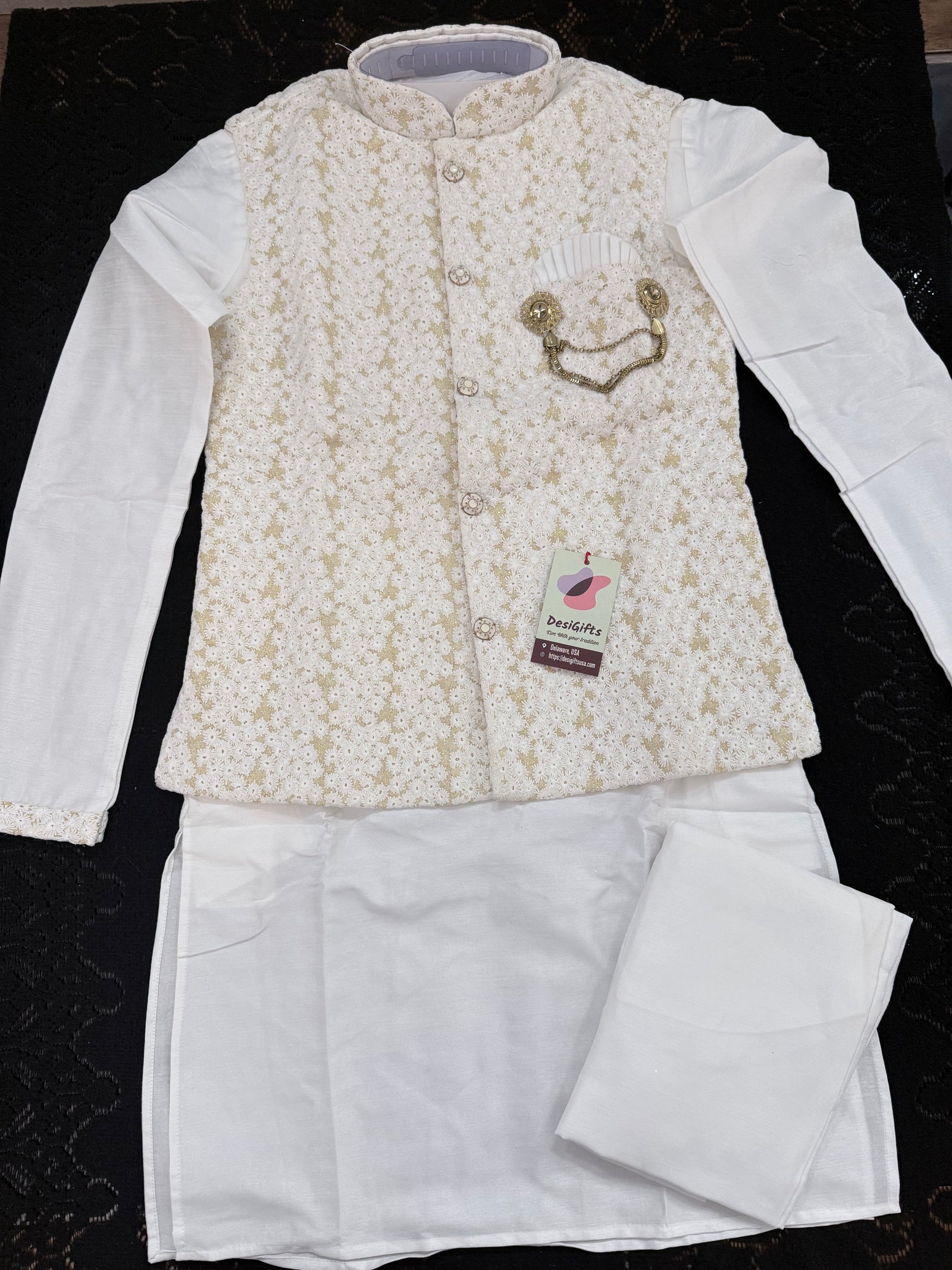 3 Piece Kurta Pajama with Jacket Set, Men's Kurta set with Golden White Embroidered Jacket, Festive & Party Wear, KPJ - 2061