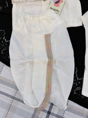 Boys Ivory Cream Kurta Pajama Set with Floral Embroidery Jacket | Dhoti and Pajama | Indian Wedding Festive Ethnic Wear for Kids, B-4058