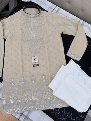 Men’s Champagne Beige Embroidered Kurta with with Parallel Pants | Textured Silk Blend Wedding Kurta Pajama Set | Festive Indian Ethnic Wear, KP - 4046