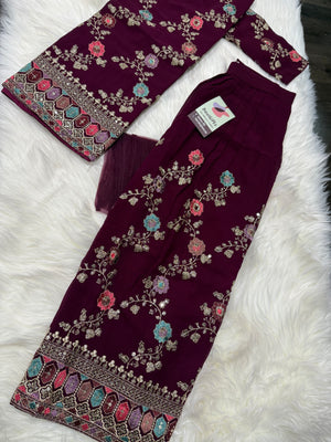 Girls’ Indian Ethnic Palazzo Suit – Dark Wine Shade with Heavy Embroidery & Sequins, GRL -1947