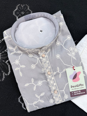 Men’s Light Gray Embroidered Kurta Pajama Set with with White Floral Embroidery, Sequins Work, Indian Ethnic Wear, KPS-3008