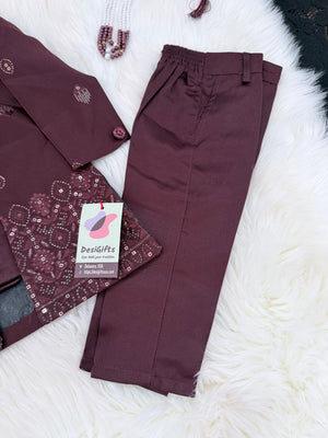 Boy's Cotton Silk 2 Piece Indo Western Dress,  Embroidered  Sequins Long Jacket with  Pant and Necklace, Boy's Dress - B-2013