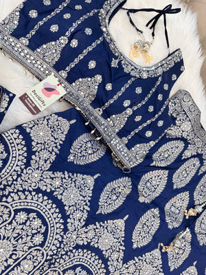 Women’s Designer Lehenga Choli Set with Dupatta | Navy Blue & Rani Pink Silver Zari Jacquard Silk Lehenga | Wedding & Festive Wear, LHG-4021