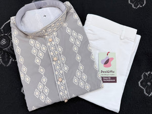 Men’s Ash Gray Embroidered Kurta Pajama Set with Sequins Work, Indian Ethnic Wear for Wedding & Festival, KPS-3010