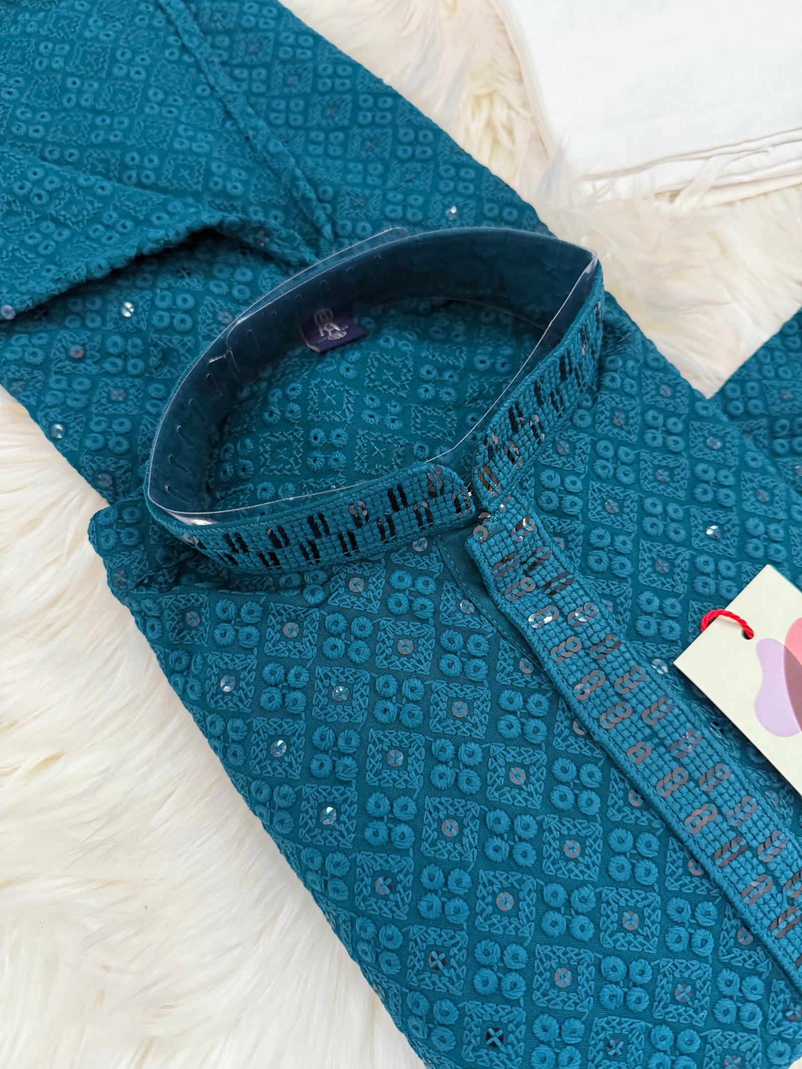 Pre-Teen and Teen Boy's Chikankari Embroidered Rayon Kurta Pajama with Sequins , Teal Blue Shade, - BOY-1913