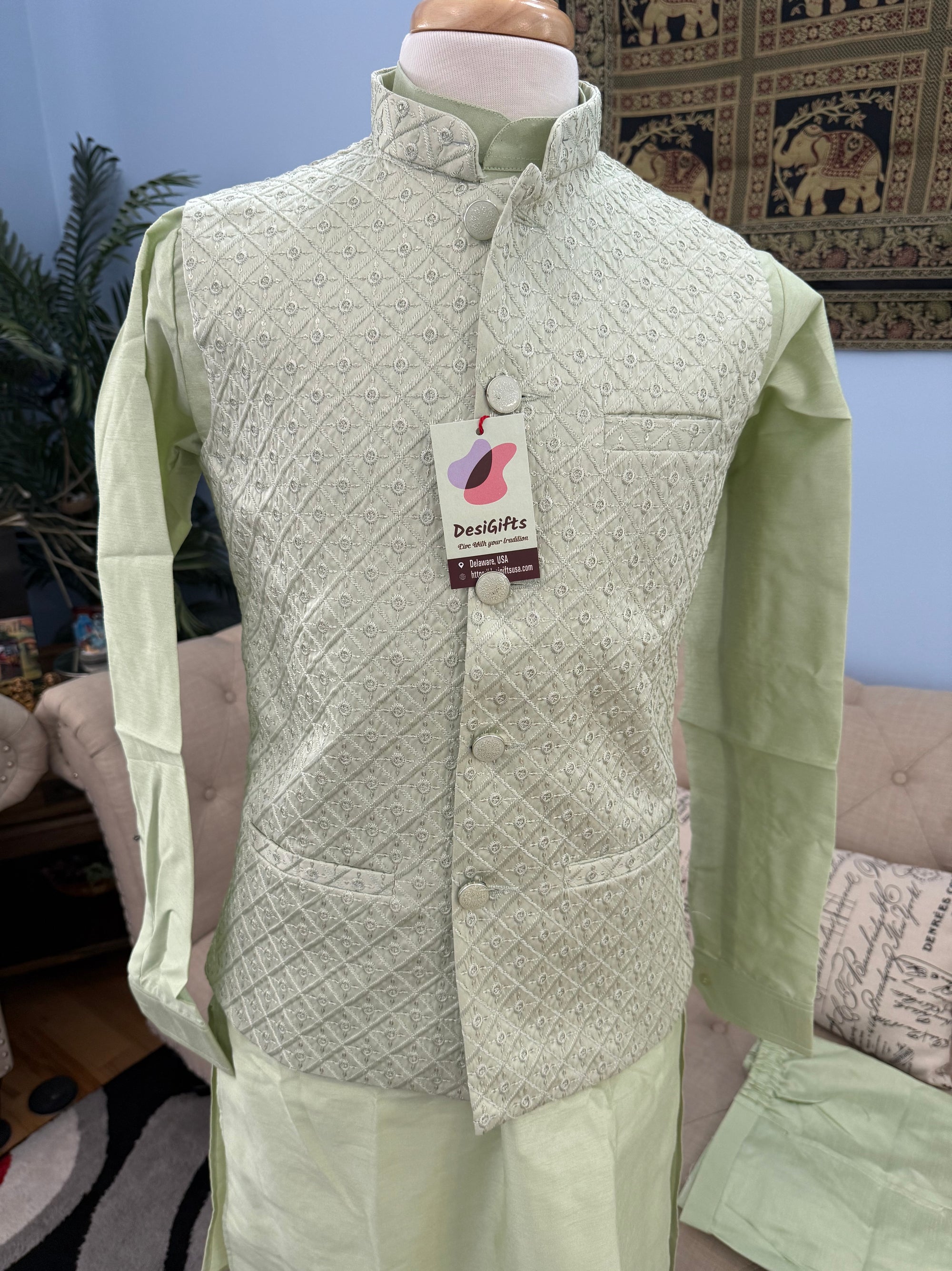 Pastel Green Shade 3 Piece Kurta Pajama, Pant Style, with Embroidered Sequins Jacket Set-Silk Fabric, JKP- 1924