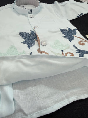 Boys Sky Blue Kurta Pajama with Embroidered Nehru Jacket | 3-Piece Indian Ethnic Outfit – Festive Ethnic Wear,- Design B-4035