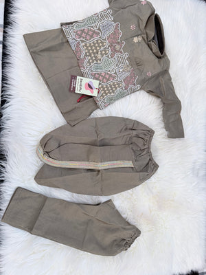 Boys Dusty Olive Green Kurta Pajama Set with Floral Jacket | Dhoti and Pajama| Indian Wedding Festive Ethnic Wear for Kids, B-4054