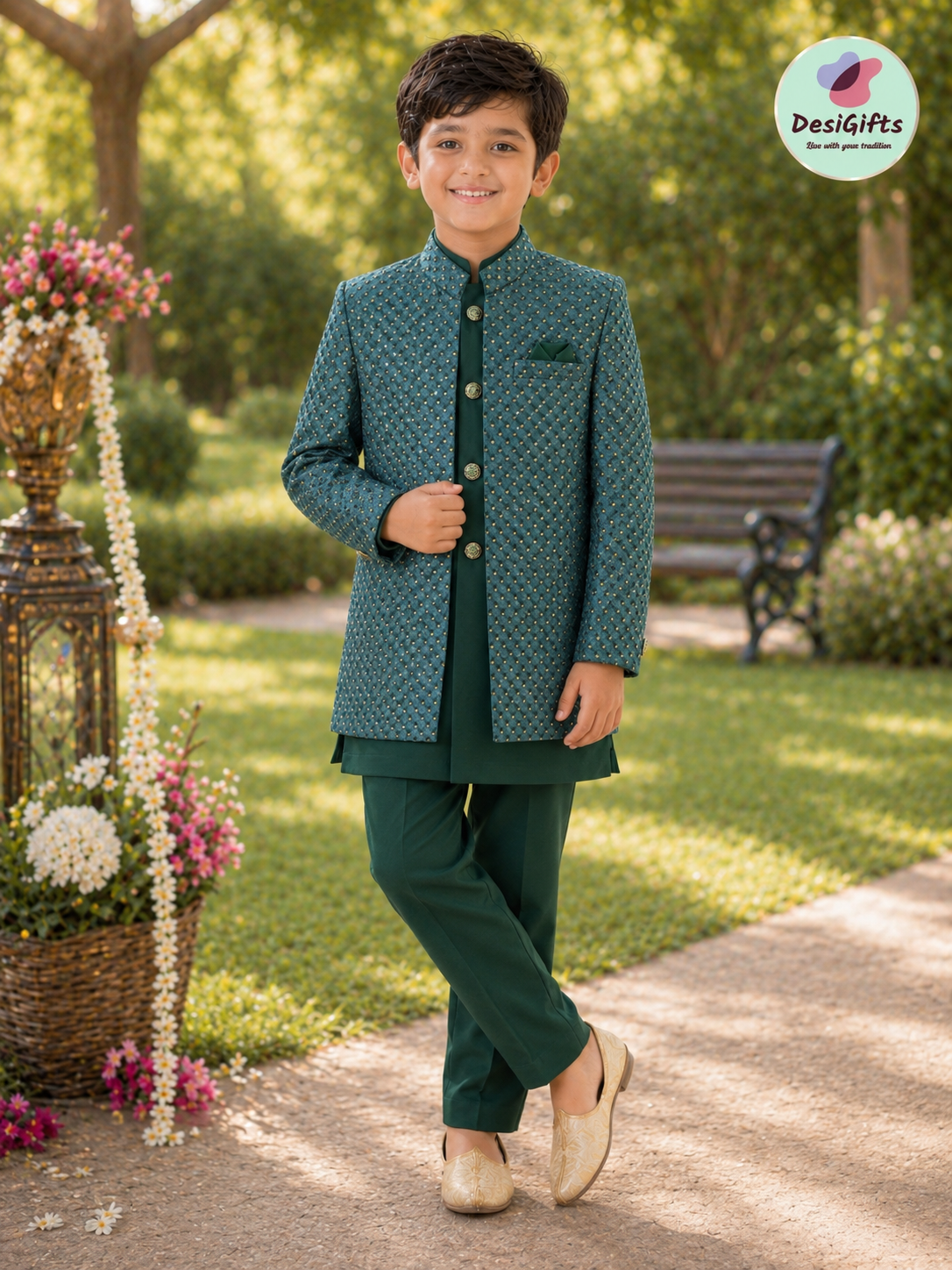 Boy's Pine Green Shade Cotton Silk 3 Piece Indo Western Outfit,  Embroidered  Sequins Long Jacket with Pant , Boy's Sherwani Dress - B-3051