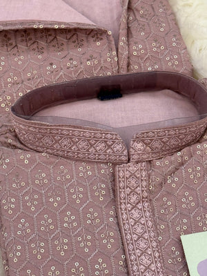 Pre-Teen and Teen Boy's Chikankari Embroidered Kurta Pajama with Sequins, Onion Shade  - BOY-1914
