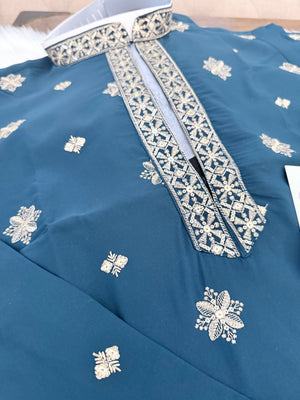 Men’s Teal Blue Shade Embroidered Kurta Pajama Set | Open Neck Kurta with Ivory Trouser Pants | Indian Wedding & Festive Wear, KP-4069