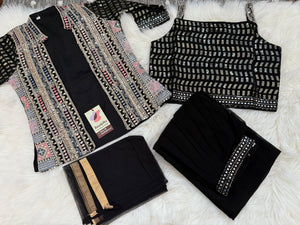 Embroidered Sequins Top with Jacket and Palazzo Set for Girl in Black Shade, Indian Traditional Girl Dress, GRL - 1563