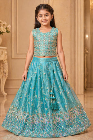 Baby Girls’ Embroidered Lehenga Choli Set in Teal Blue & Slate Gray, Festive Indian Ethnic Outfit Lehenga Dress, GRL-2091