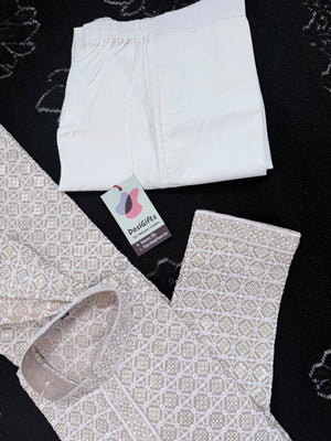 Men's Kurta Pajama set with Embroidery and Sequins in Light Beige Shade. Two-piece Indian traditional outfit., KP - 1424