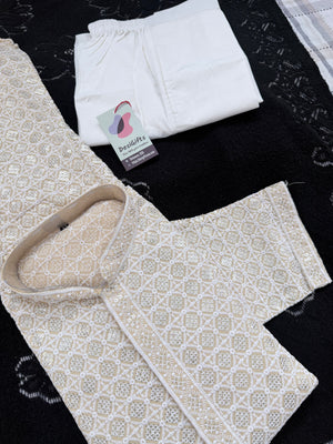 Men's Kurta Pajama set with Embroidery and Sequins in Light Yellowish Shade. Two-piece Indian traditional outfit., KP - 1425