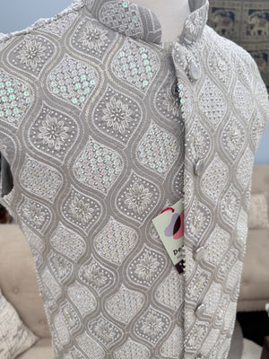 Luxury Gray Bead & Sequin Embroidered Jacket for Men – Heavy Thread Work Wedding Waistcoat | J-3033