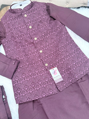 Men’s Wine 3-Piece Kurta Pajama Set with Pant Style Bottom & Embroidered Jacket, Silk Ethnic Wear, TPKP-2030