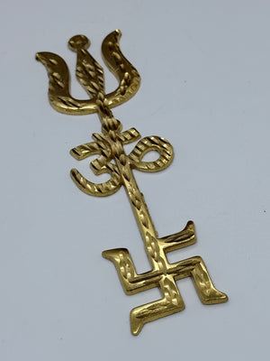 6" Golden Trishul Om Swastik Wall Hanging – Spiritual Metal Décor for Home & Temple, S5M-3047