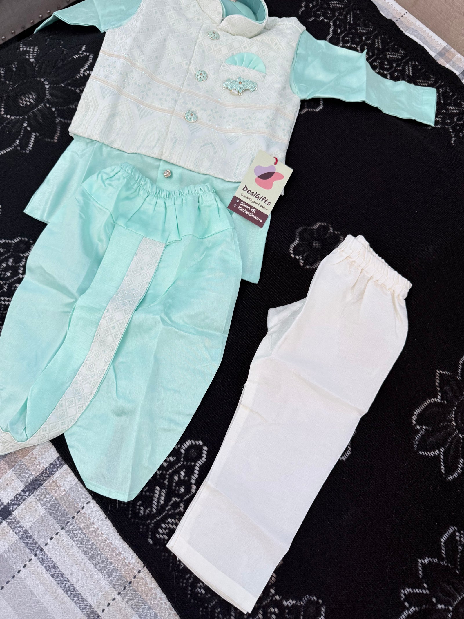 Boys Turquoise Shade Kurta Pajama Set with Geometric Self Design Jacket | Dhoti and Pajama | Indian Wedding Festive Ethnic Wear for Kids, B-4055