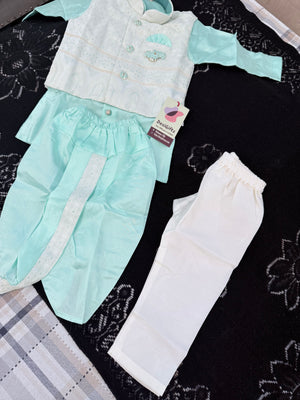 Boys Turquoise Shade Kurta Pajama Set with Geometric Self Design Jacket | Dhoti and Pajama | Indian Wedding Festive Ethnic Wear for Kids, B-4055