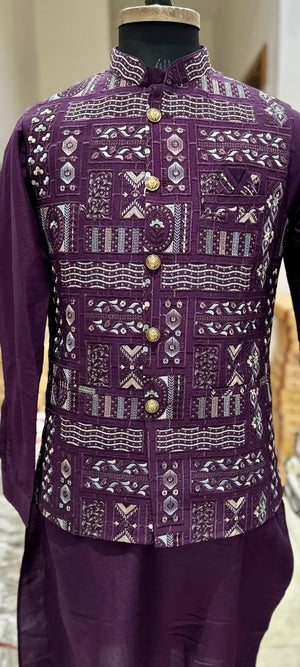 Purple Shade 3 Piece Kurta Pajama, Pant Style, with Embroidered Jacket Set-Silk Fabric, TPKP- 1513