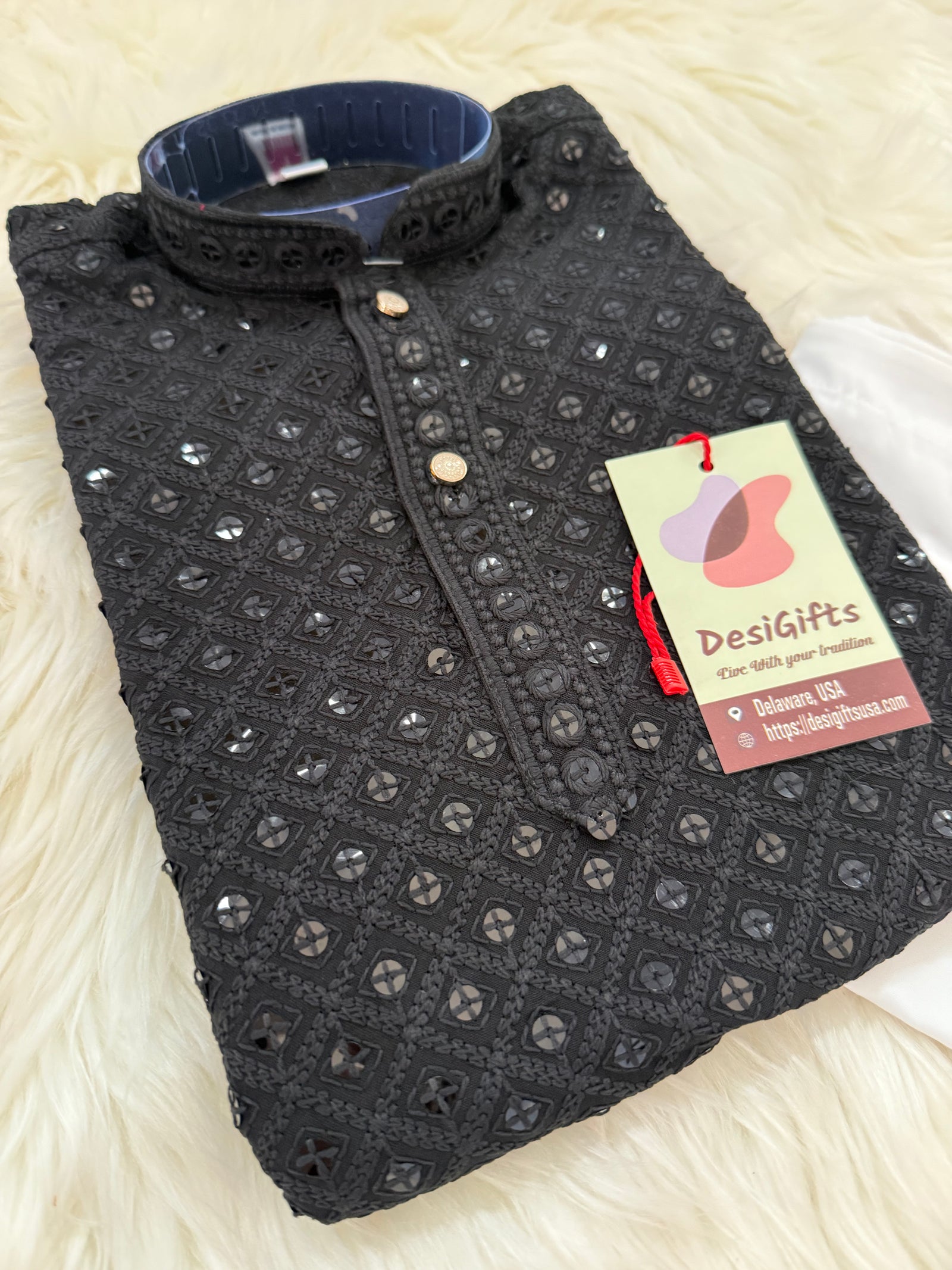 Embroidered Boy Kurta Pajama with Sequins Work in Black Shade- BOY-1579