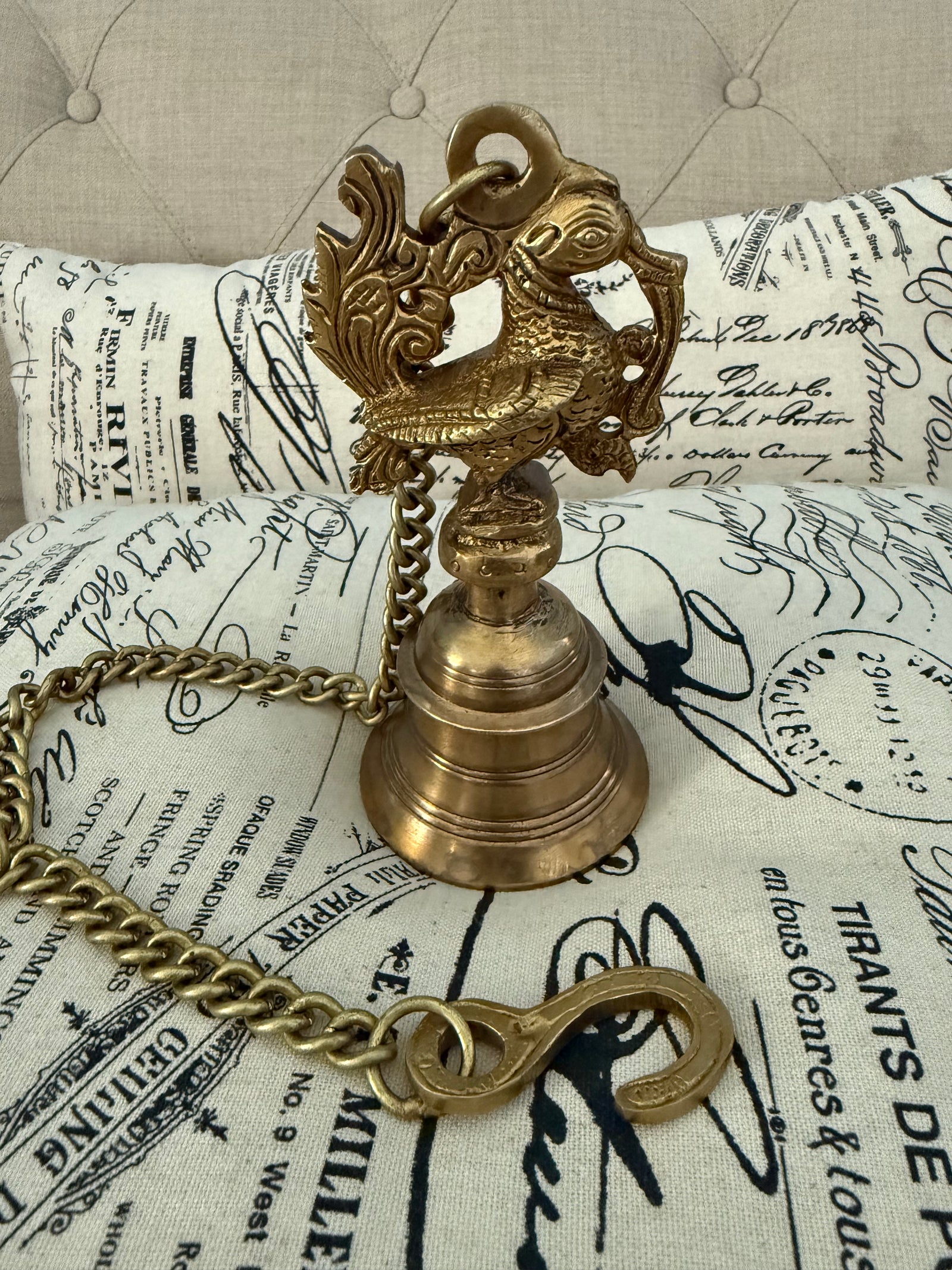 23” Solid Brass Hanging Brass Peacock Bell with Chain, Brass Decorative Bell, Traditional Indian Hanging Bell, Brass Decor, HGBB - 182