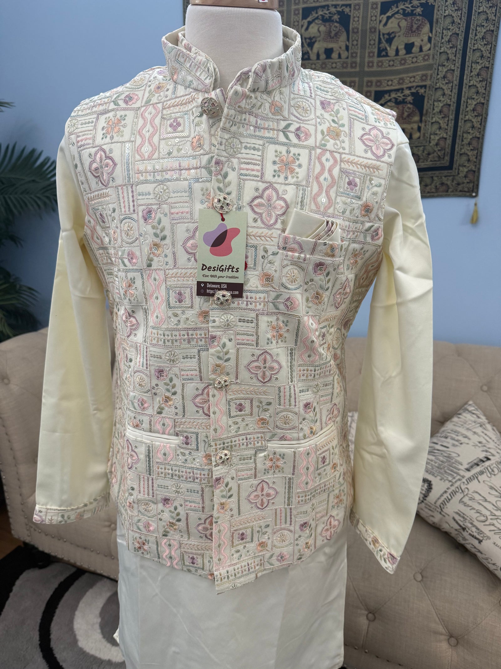 Exquisite Cream 3 Piece Kurta Pajama with Jacket  Embroidered Set for Man, Silk, Indian Wedding Partywear, DM - 1888