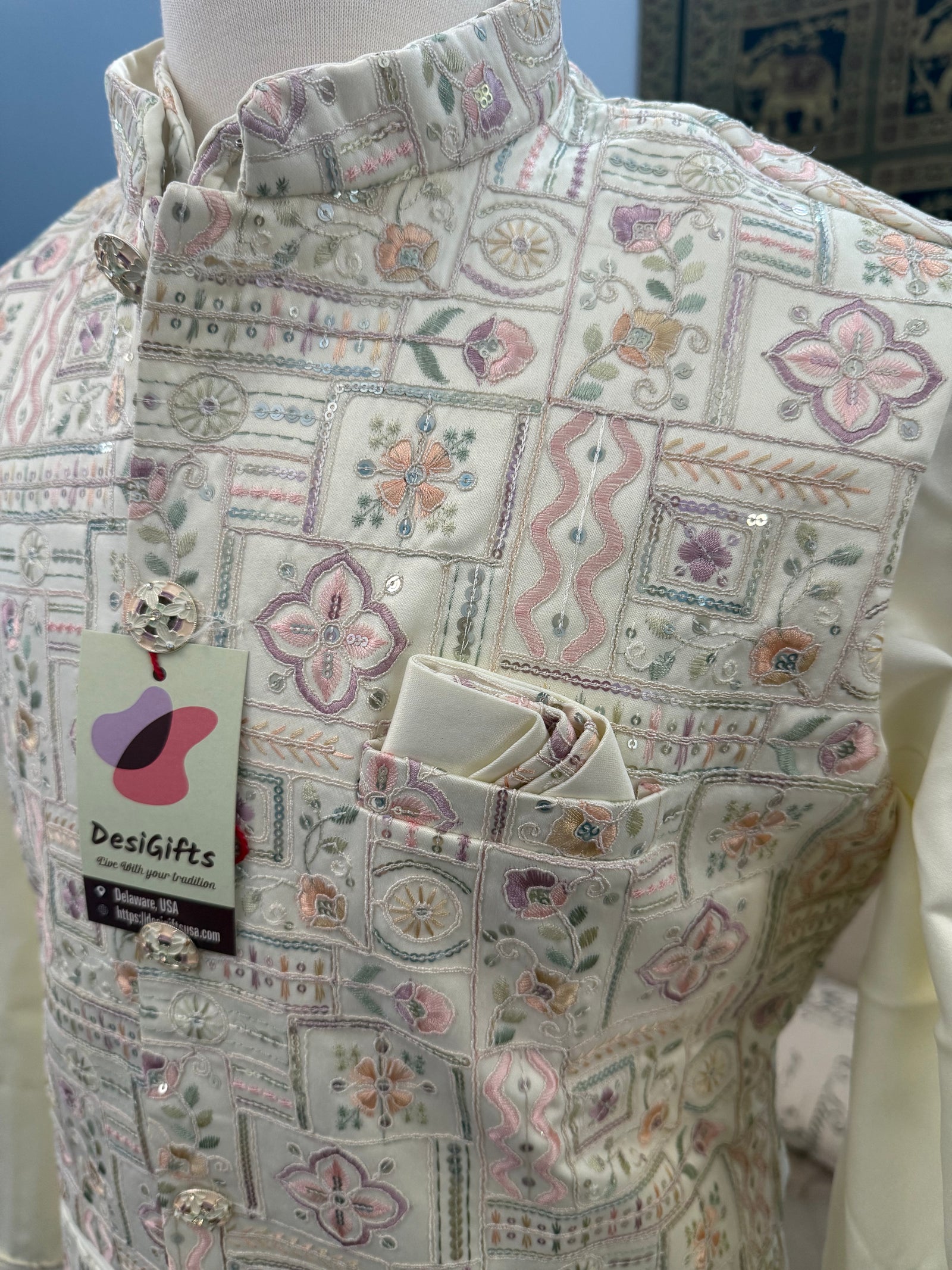 Exquisite Cream 3 Piece Kurta Pajama with Jacket  Embroidered Set for Man, Silk, Indian Wedding Partywear, DM - 1888