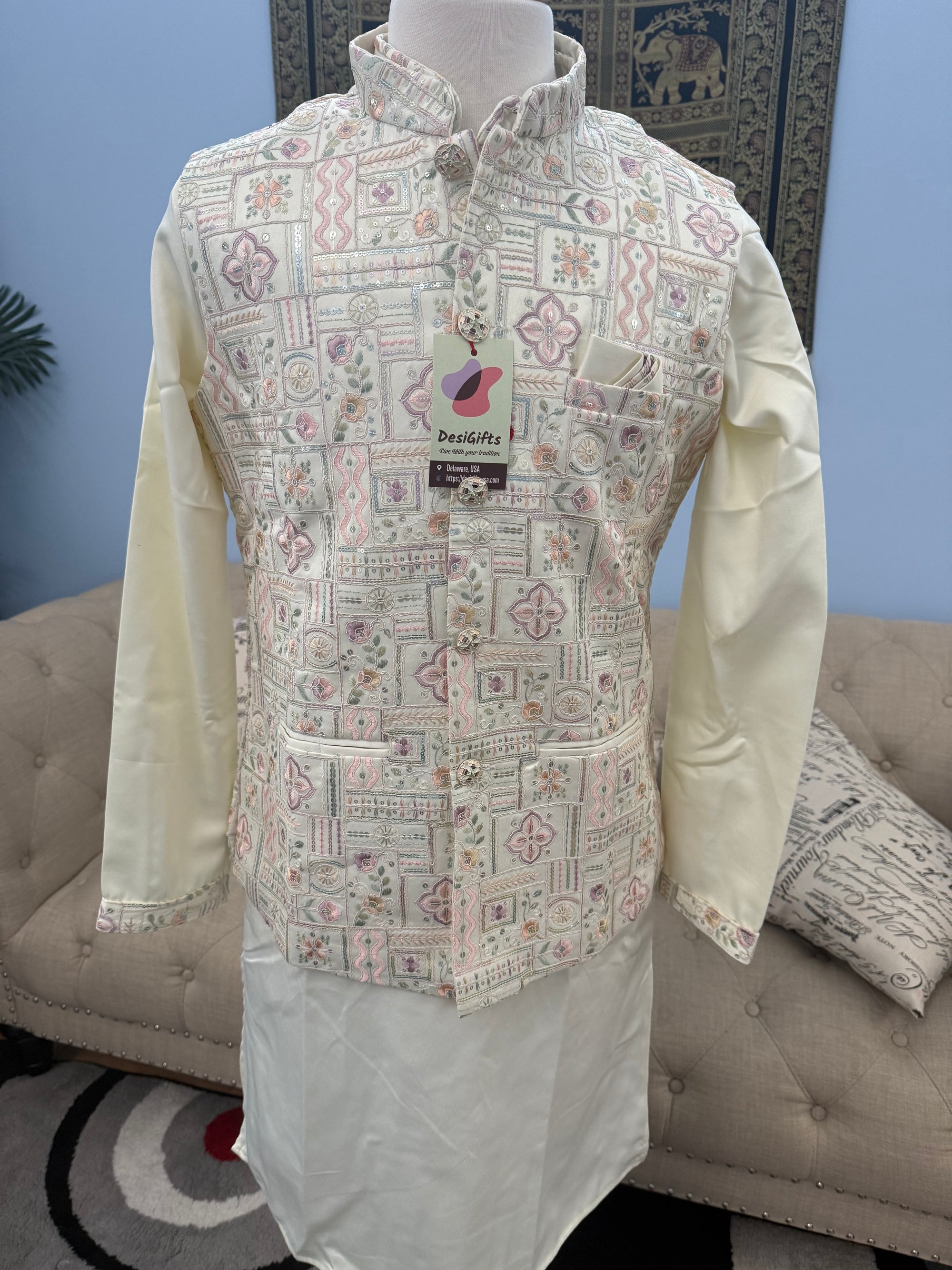 Exquisite Cream 3 Piece Kurta Pajama with Jacket  Embroidered Set for Man, Silk, Indian Wedding Partywear, DM - 1888