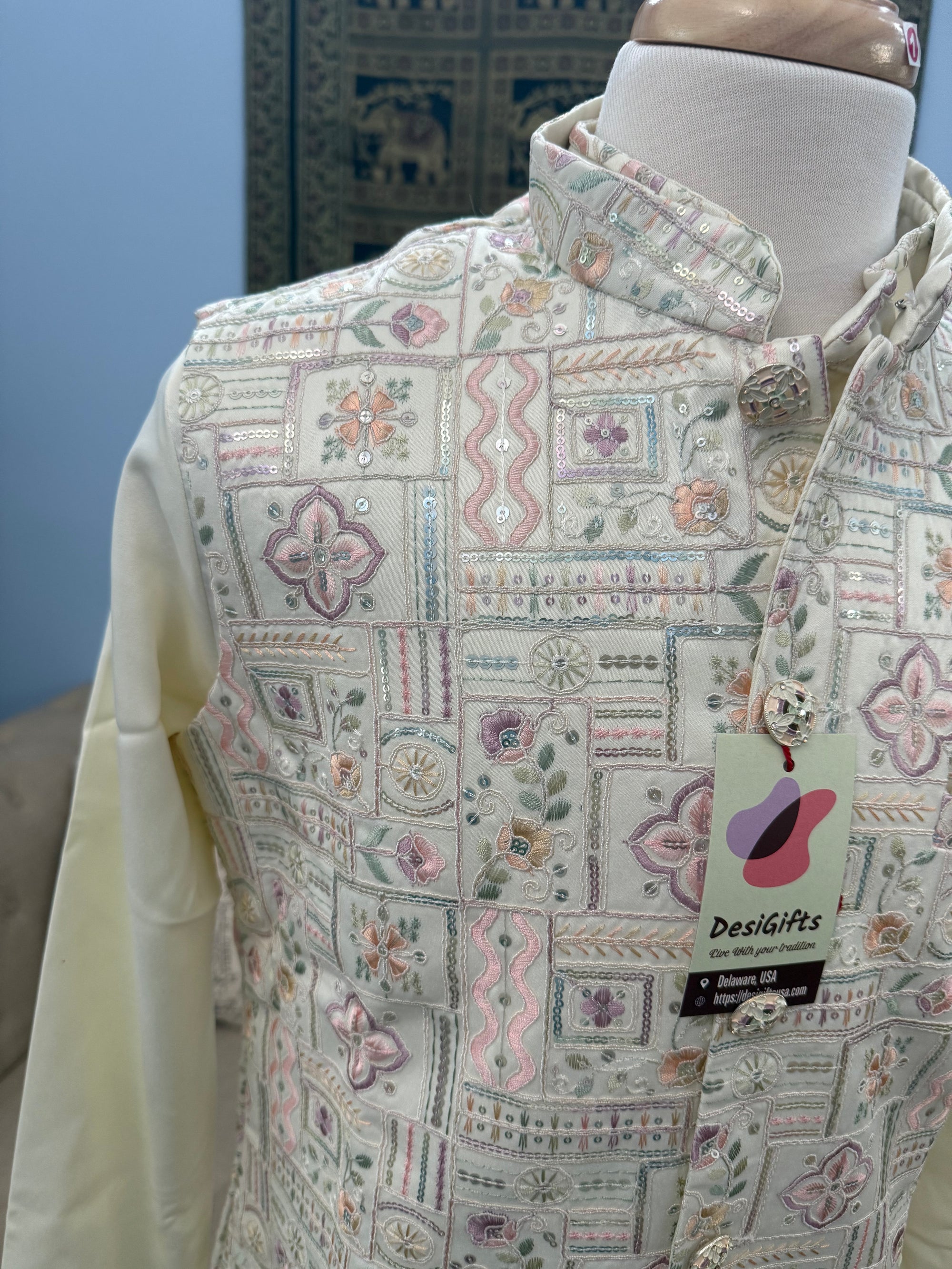 Exquisite Cream 3 Piece Kurta Pajama with Jacket  Embroidered Set for Man, Silk, Indian Wedding Partywear, DM - 1888