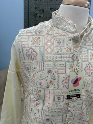 Exquisite Cream 3 Piece Kurta Pajama with Jacket  Embroidered Set for Man, Silk, Indian Wedding Partywear, DM - 1888