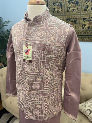 Classy Light Purple 3 Piece Kurta Pajama with Jacket  Embroidered Set for Man, Silk, Indian Wedding Partywear, DM - 1889