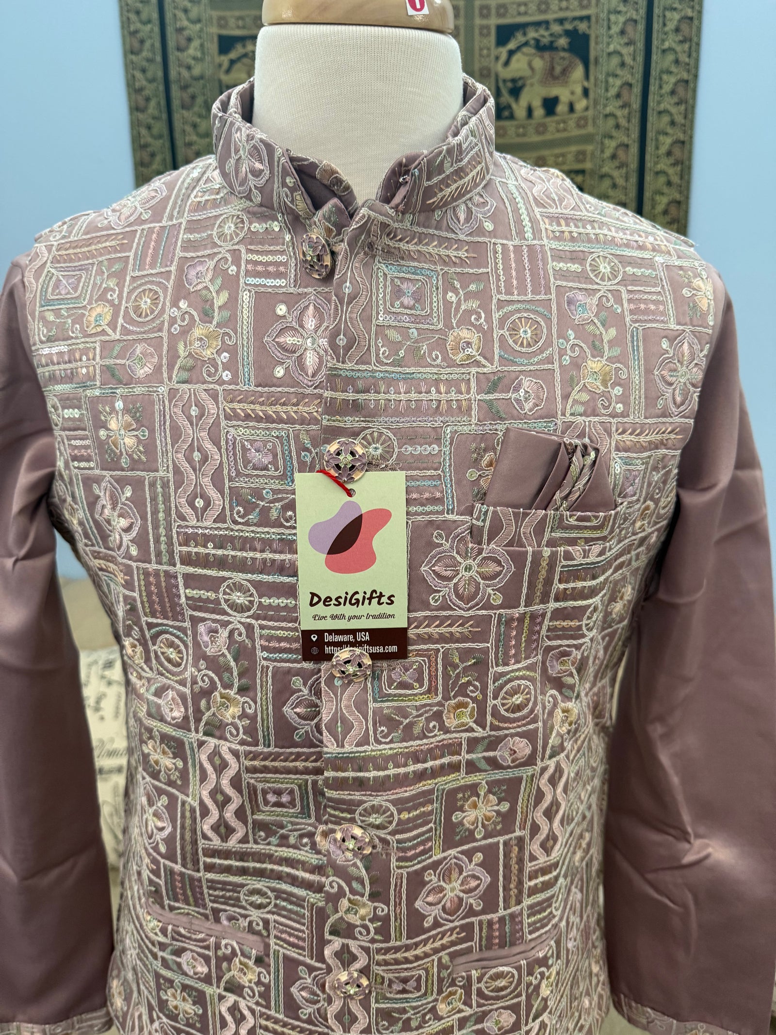 Classy Light Purple 3 Piece Kurta Pajama with Jacket  Embroidered Set for Man, Silk, Indian Wedding Partywear, DM - 1889