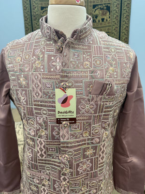 Classy Light Purple 3 Piece Kurta Pajama with Jacket  Embroidered Set for Man, Silk, Indian Wedding Partywear, DM - 1889
