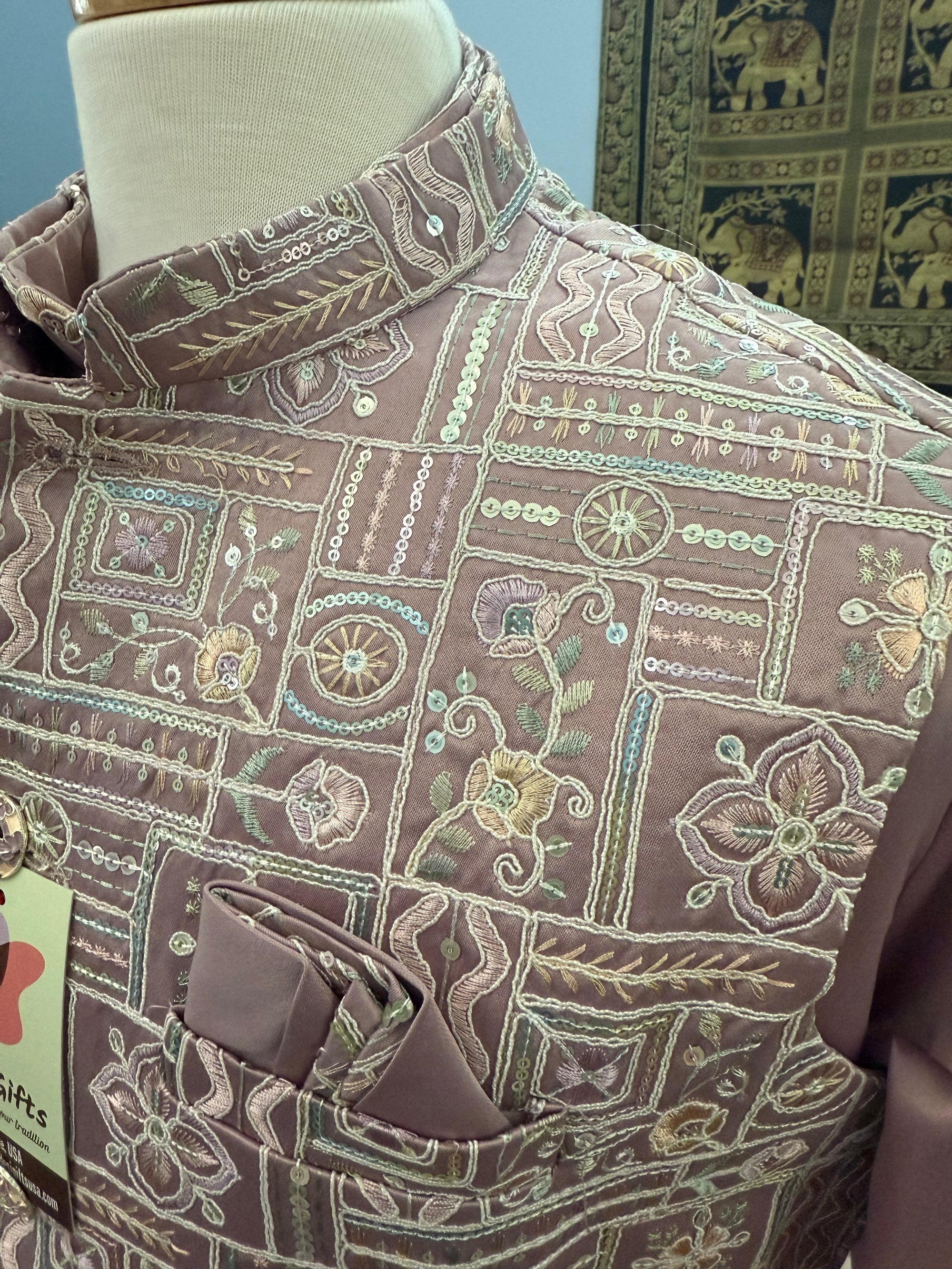 Classy Light Purple 3 Piece Kurta Pajama with Jacket  Embroidered Set for Man, Silk, Indian Wedding Partywear, DM - 1889