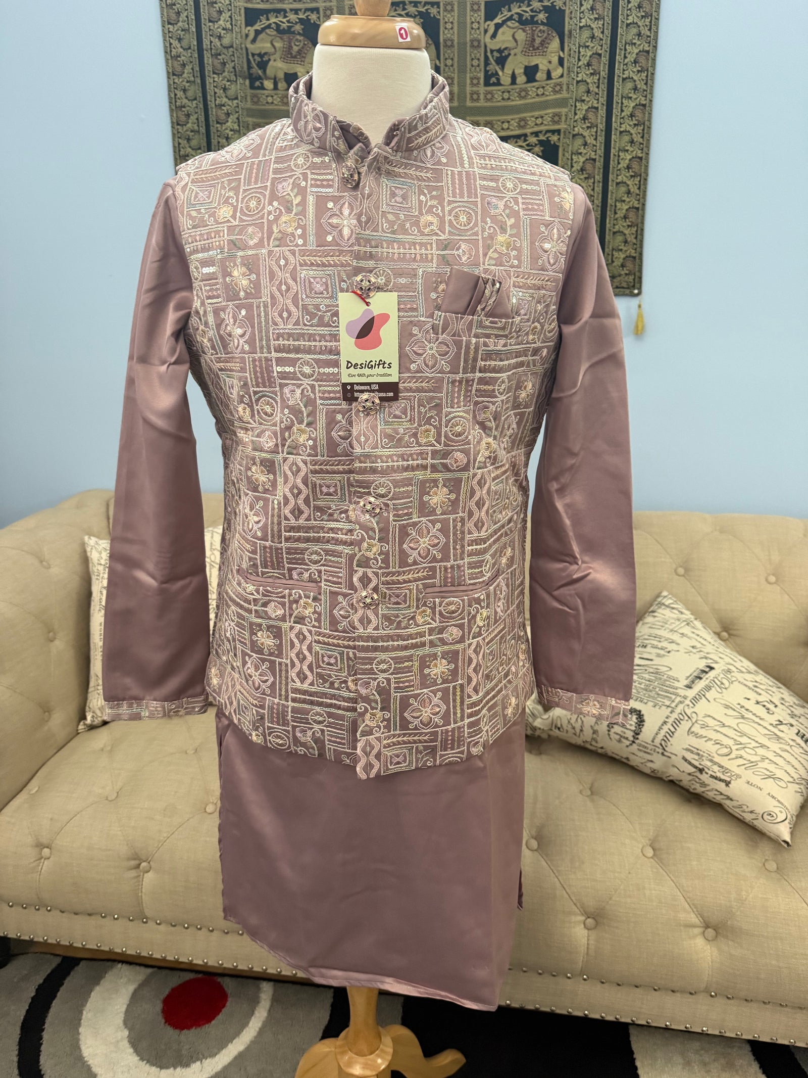 Classy Light Purple 3 Piece Kurta Pajama with Jacket  Embroidered Set for Man, Silk, Indian Wedding Partywear, DM - 1889