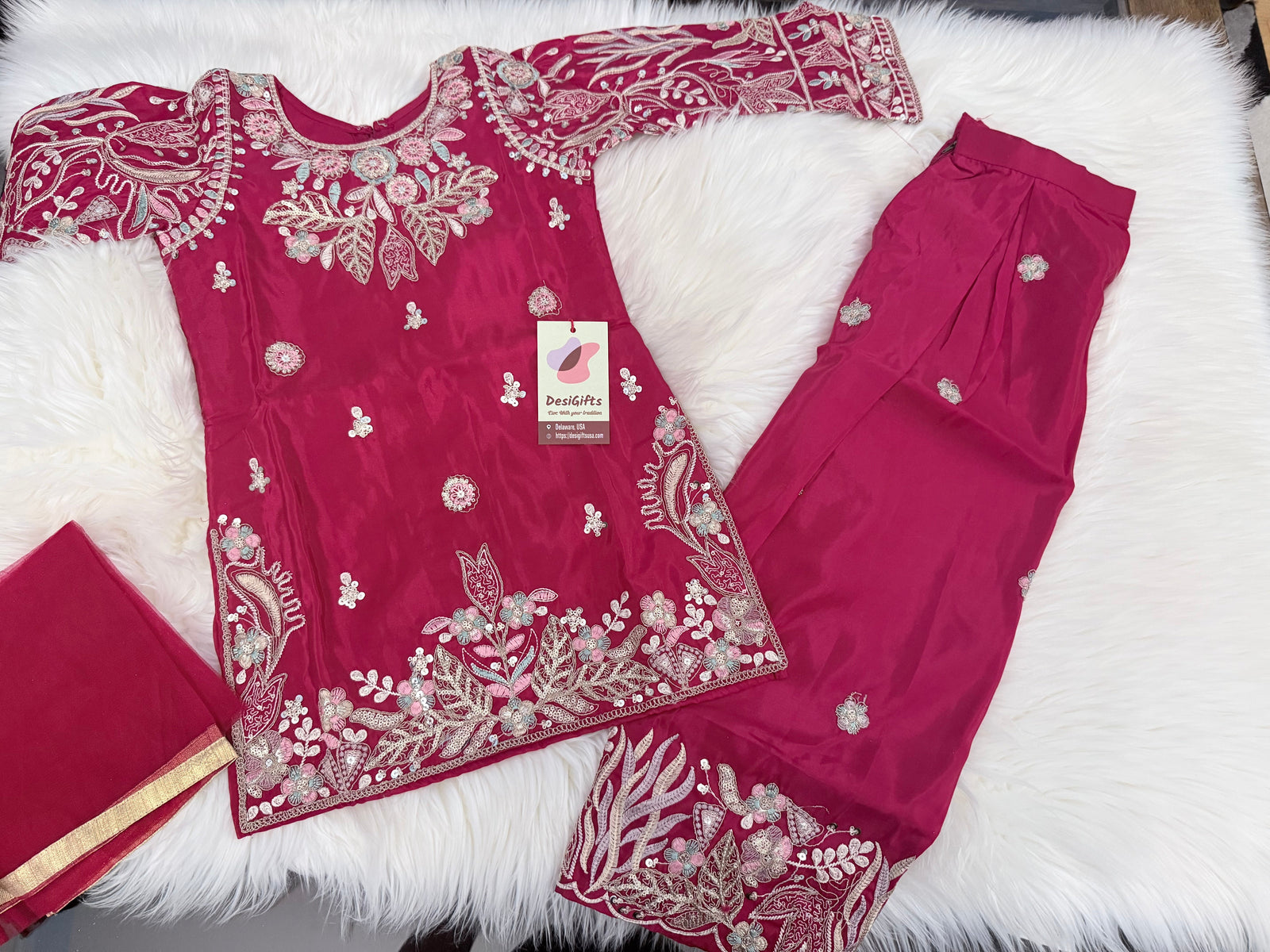 Girls Magenta Red Embroidered Palazzo Set with Dupatta | Indian Ethnic Wear | Wedding, Diwali, Eid Party Dress, G -4099